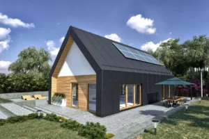 dom modułowy parterowy z dwuspadowym dachem i fotovoltaiką na dachu