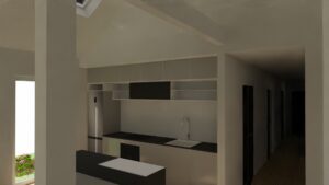 koncepcja domu modułowego, widok kuchni otwartej na salon i strefę jadalną